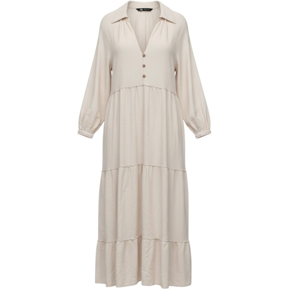 Zara Maxi Dress Womens Large Cream Linen Blend Tiered Long Sleeve Cottagecore